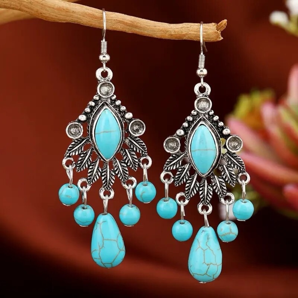 New turquoise silver beaded dangle chandelier earrings
